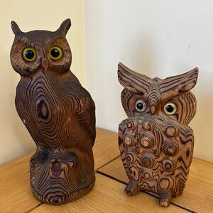 Carved Wooden Owl Figures Hand made Japan & Canada Set of 2 Bird Kadian Crafts